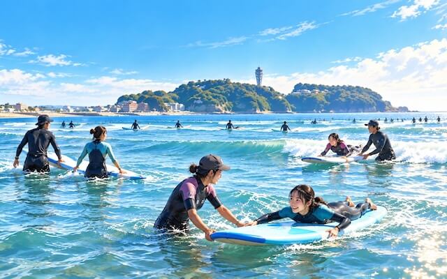 鵠沼海岸でインストラクターからサーフィンのレッスンを受ける初心者