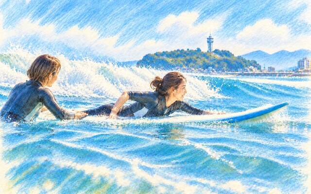 湘南の海でサーフィンのパドリングを練習する女性