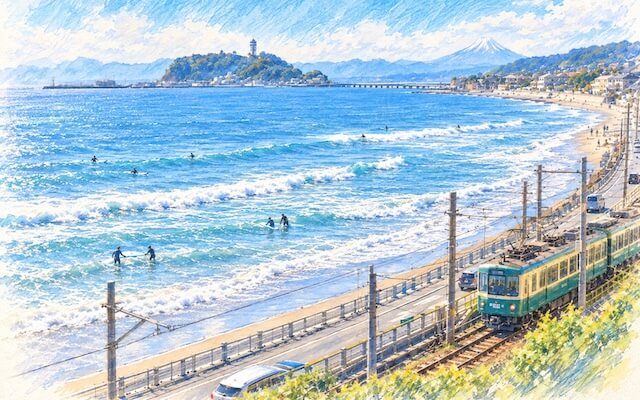 江ノ電と湘南の海を望むサーフィン風景