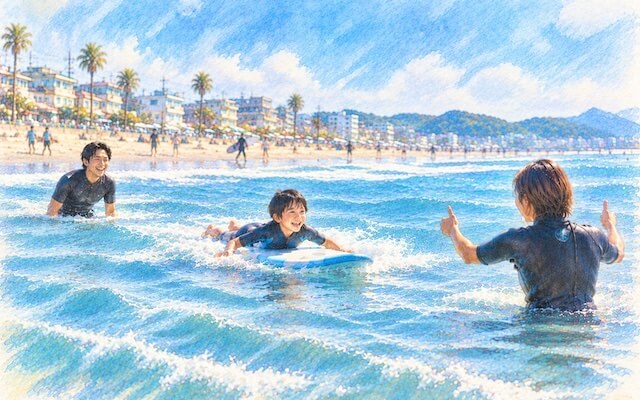 インストラクターのサポートを受けながらサーフィンを練習する子供